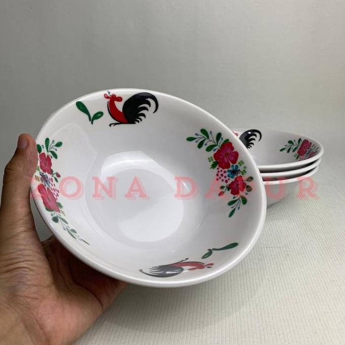 (6 pcs) - Mangkok Melamin Cap Ayam Jago 7 inch /18 cm, Mangkuk Melamin Bunga ayam Jago Model Ceper ,