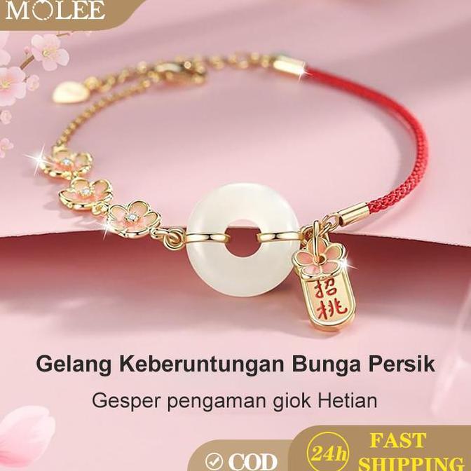 Arte- Molee Gelang Giok Tali Merah Gelang Tali Merah Emas Bunga Persik Keberuntungan