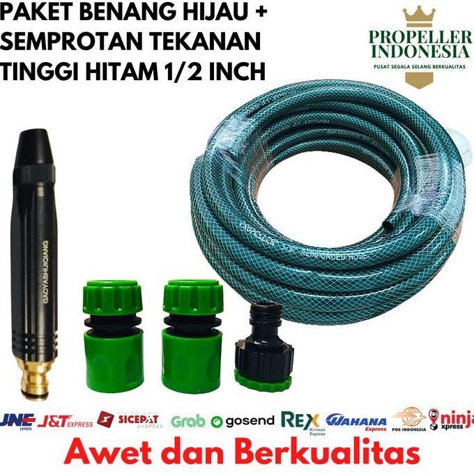NEW Selang Air 1/2 Inch Benang Hijau Paket Semprotan Air Cuci Motor Hitam