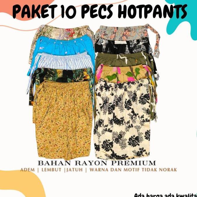 GEVASAMAR41 - GROSIR ISI  10 PECS | CELANA PENDEK HOTPANTS RAYON WANITA MOTIF SANTAI