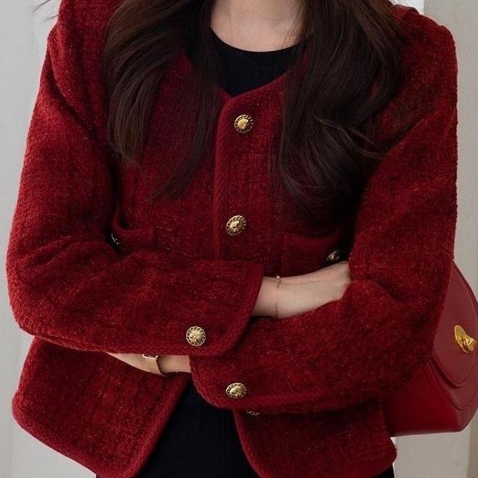 Vn Scarlet Tweed Blazer  Marun/ Premium Outer Cardigan Tweed Korea