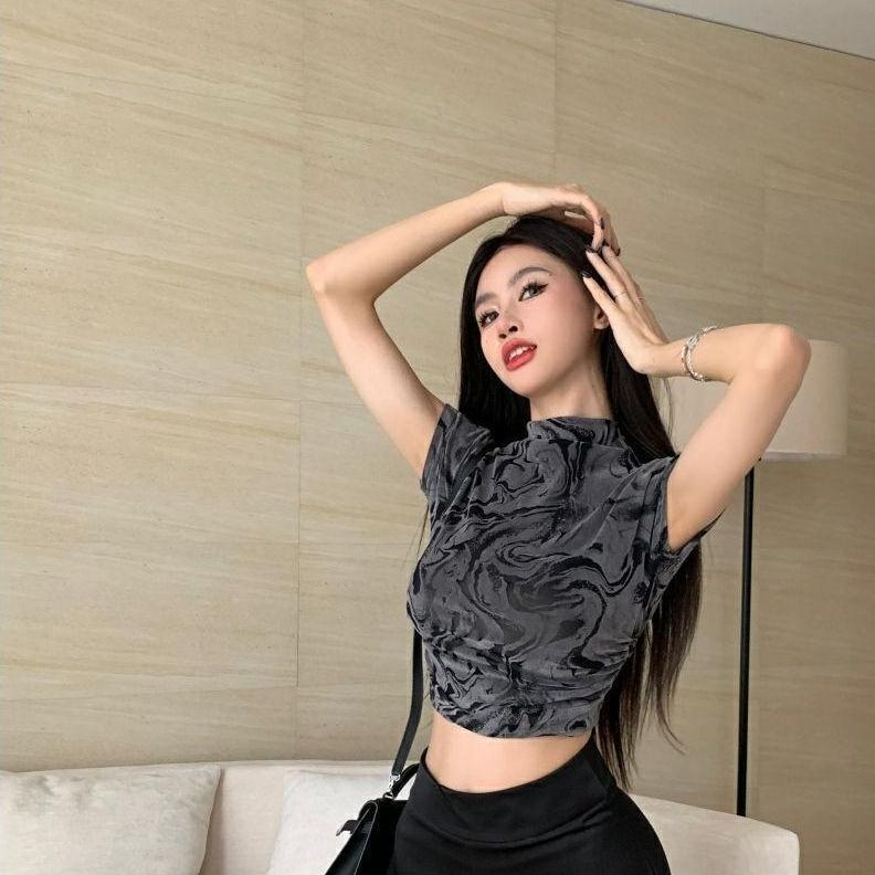 HEMAT [ LINGERIE MASTER ] - (T-148) CROP TOP MARBLE SHORT SLEEVE PAKAIAN ATASAN WANITA IMPORT