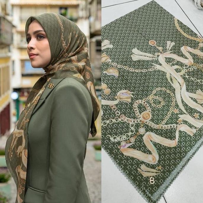 (Lasercut Titik3) Hijab Segiempat Buttonscraves CHAIN Series with Logo Plat B Pouch / Hijab Segiempa