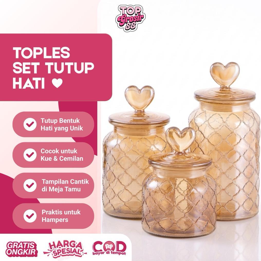 Toples Kaca Tutup Hati Set 3 /Toples Kaca Lebaran/Toples Kue Kaca