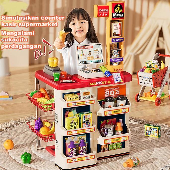 82cm Mainan Anak Home Supermarket Set Jualan Dan Belanja Supermarket Trolley Belanja Supermarket