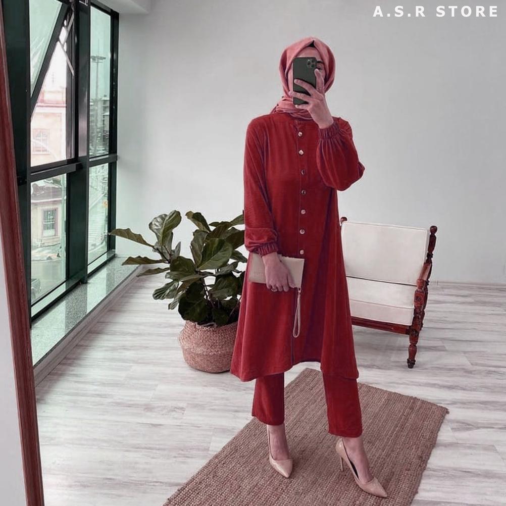 BIG SALE ONE SET GOLDISH DAILY BUSUI LONG TUNIK MUSLIM SUDAH TERMASUK CELANA SIZE KUMPLIT S M L XL X