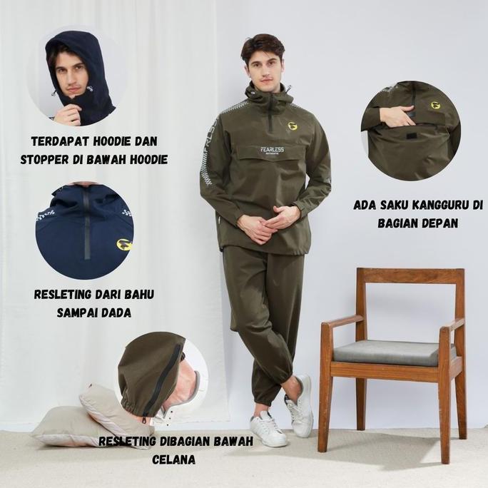 Jas Hujan Fearless Anti Bocor saku kantung Kangguru new fitur Setelan Pria Wanita dewasa raincoat an