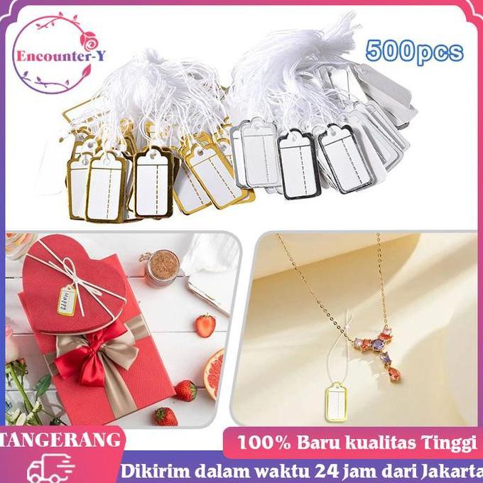 IDSTORE 500pcs Label Harga Price Tag Baju Perhiasan Emas / Perak Putih Display Tags With Hanging Str