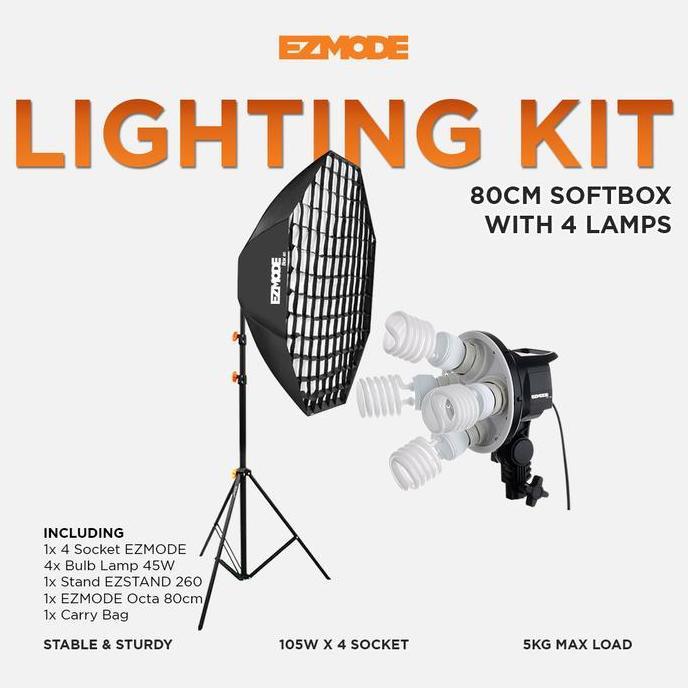 ovandakiseller - ezmode studio lighting stand 4 lamp + 4 socket octagon softbox 80cm