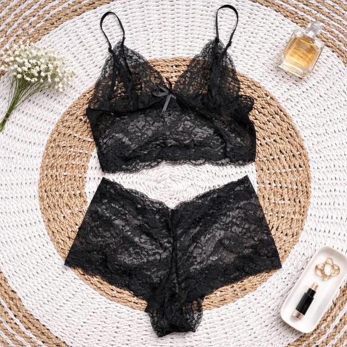 [ Happy Girl Shop ] Setelan Lingerie Desain Set Bra + Short Pants Transparan Gaya Eropa Modern Wanit