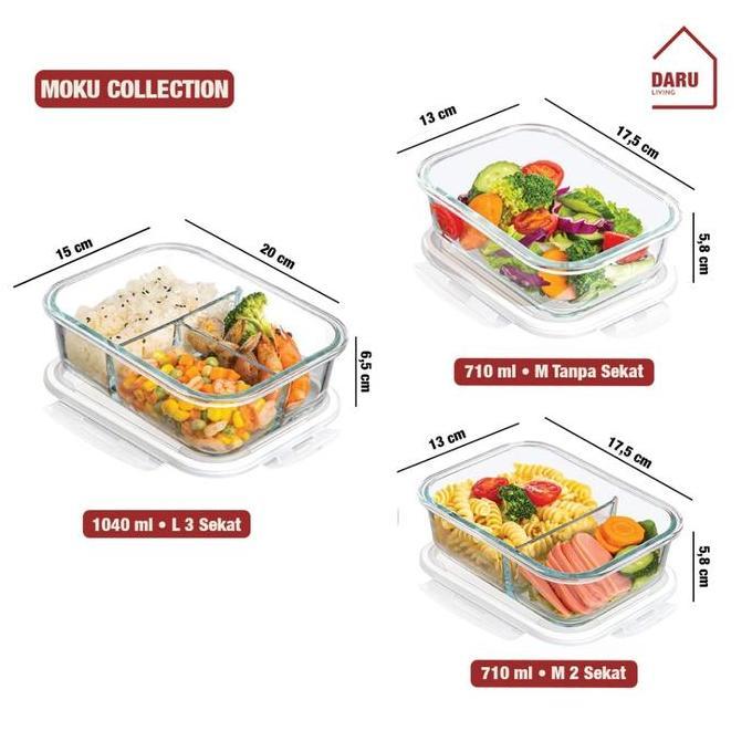 Promo Daru Moku - Lunch Box Kotak Penyimpanan Makan Bahan Kaca Microwave Oven Safe Bersekat /Lunch B