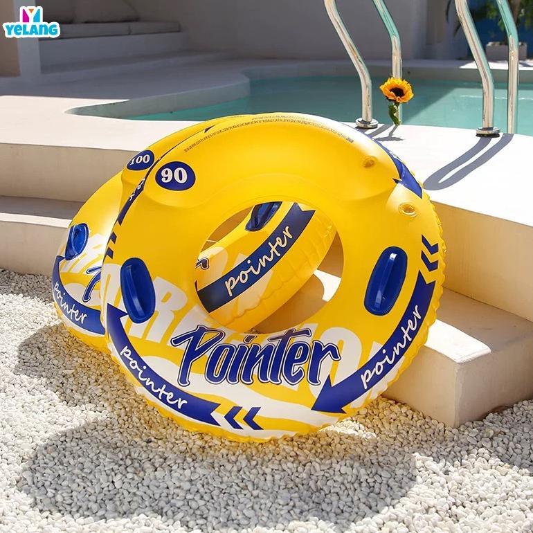 Pelampung Ban Renang Anak Bulat Ban Renang Dewasa Motif Warna Biru Kuning PVC 100cm Bahan Tebal