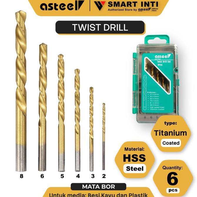 MATA BOR BESI HSS STEEL TITANIUM SET 6 PCS TWIST DRILL SET DRILL BITS HSS TITANIUM ASTEEL - MATA BOR