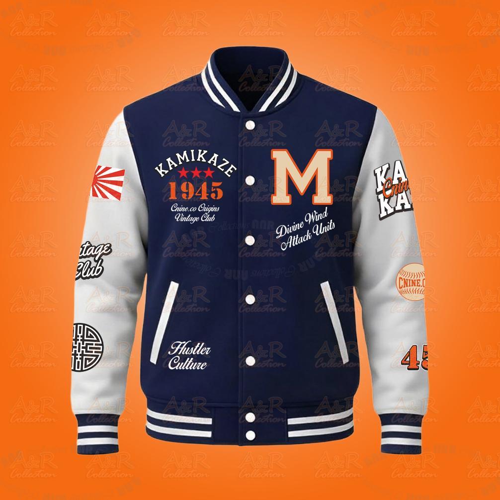 FAVORIT Jaket Baseball KAMIKAZE Varsity Kancing Motif Printing Pria Bahan Fleece Terlaris Termurah |