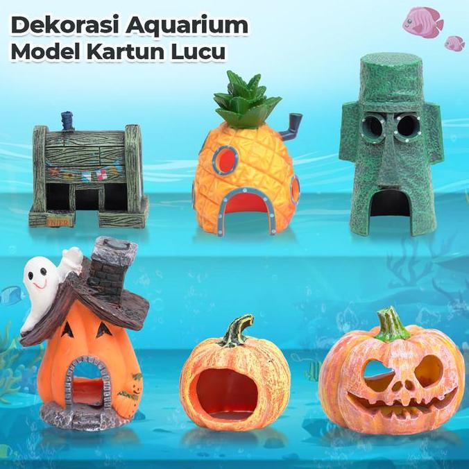 Hiasan Resin Akuarium Model Rumah Spongebob & Kartun Dekorasi Aquarium Aquascape Unik Lucu
