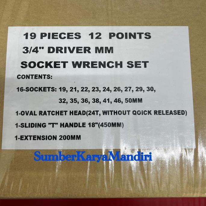 Ready Kunci Socket Set MM Bullocks 3/4" DR 12PT 19-50MM (19Pcs)