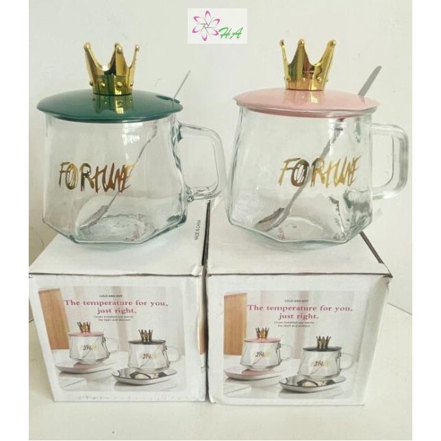 Ha1565 Gelas Kaca Mahkota Couple | Mug Kaca Dengan Tutup Mahkota + Sendok | Mug Pegangan | Cangkir S