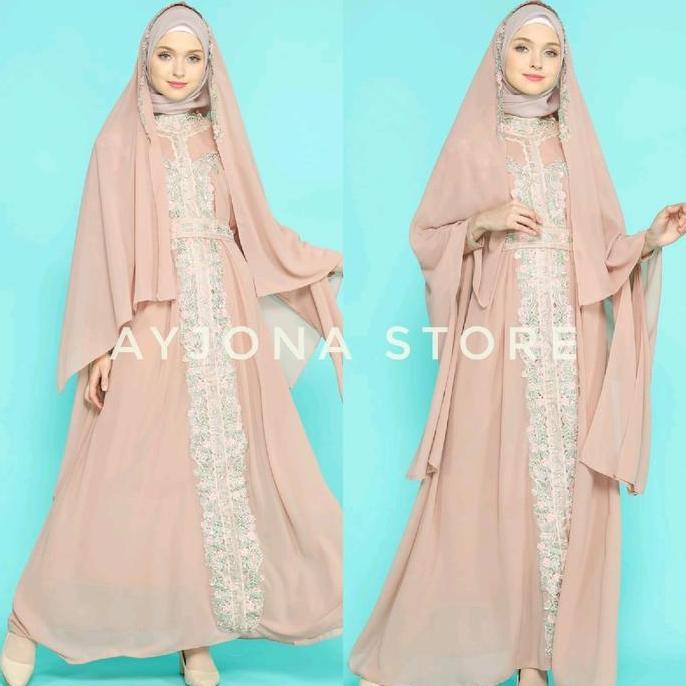 Desi_Wdd - Ayjona - Kaftan Amberlee Bordir Full Colour - Set Inner Gamis Pashmina Dan Belt - Kaftan 