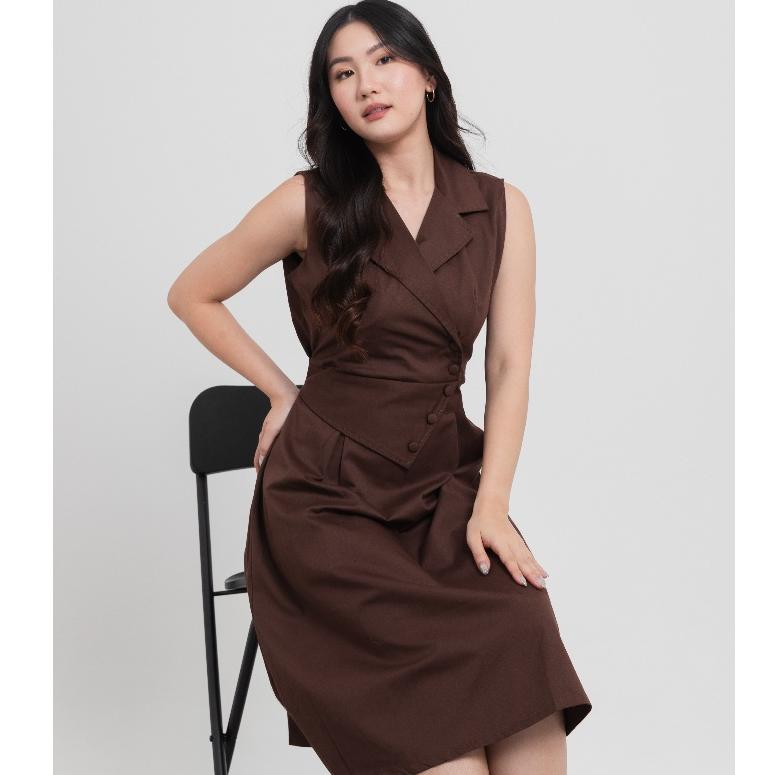 original valeriestyle - elise - dress midi wanita blazer collar tanpa lengan katun premium
