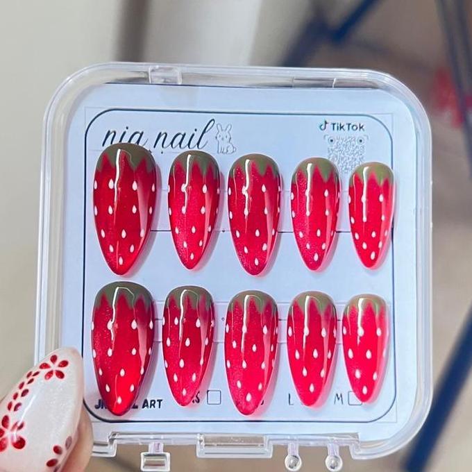 Kuku Palsu Motif Strawberry Cat Eye PREMIUM Super Premium Nail Art Set 10 Kuku GRATIS stiker Lem & T