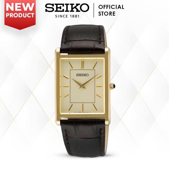 Jam Tangan Pria Seiko Classic Kotak Swr106 Swr106P1 Gold Dial Leather Strap Quartz