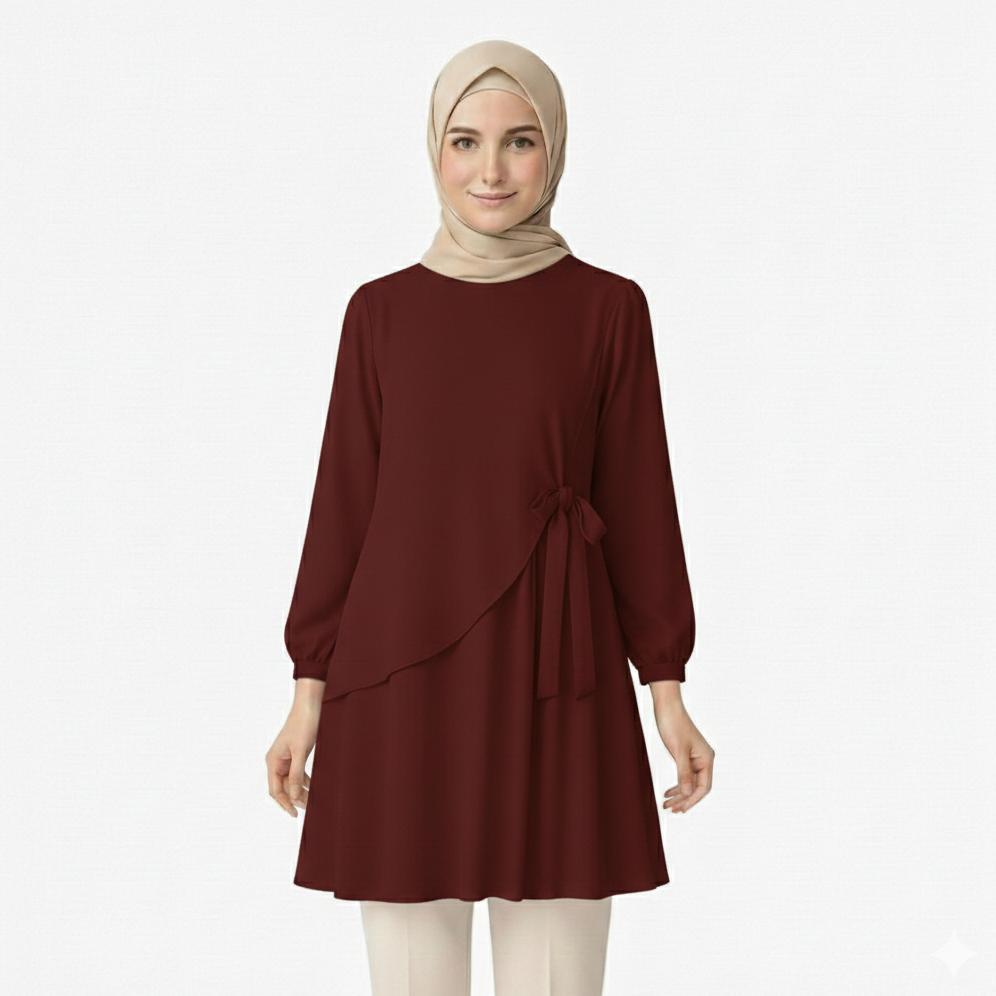 PREMIUM TUNIK RUFFLE & TALI SAMPING KIRI ANGGUN ELEGAN MODERN SIMPLE STYLISH FASHIONABLE OOTD MUSLIM