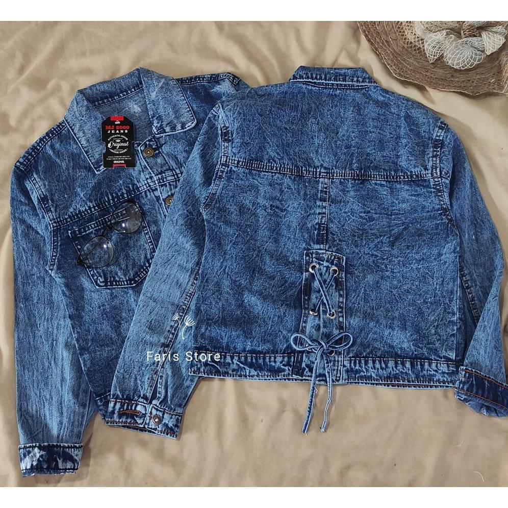 CUCI GUDANG Jaket Jeans Tali Belakang Crop Oversize Wanita Jaket Denim Terbaru