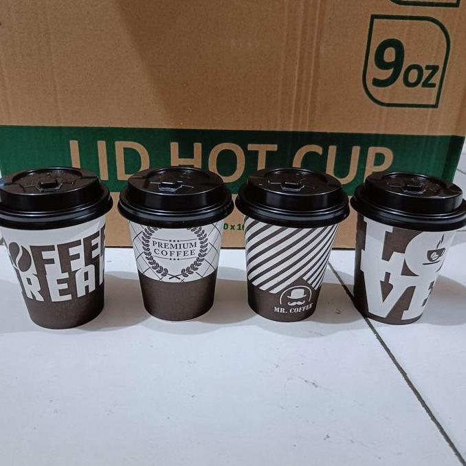 Dispo- Paper Cup Coffee 1 Set 50 Pcs 9 Oz  (Cup+Tutup+Sedotan) Gelas Kopi Kertas