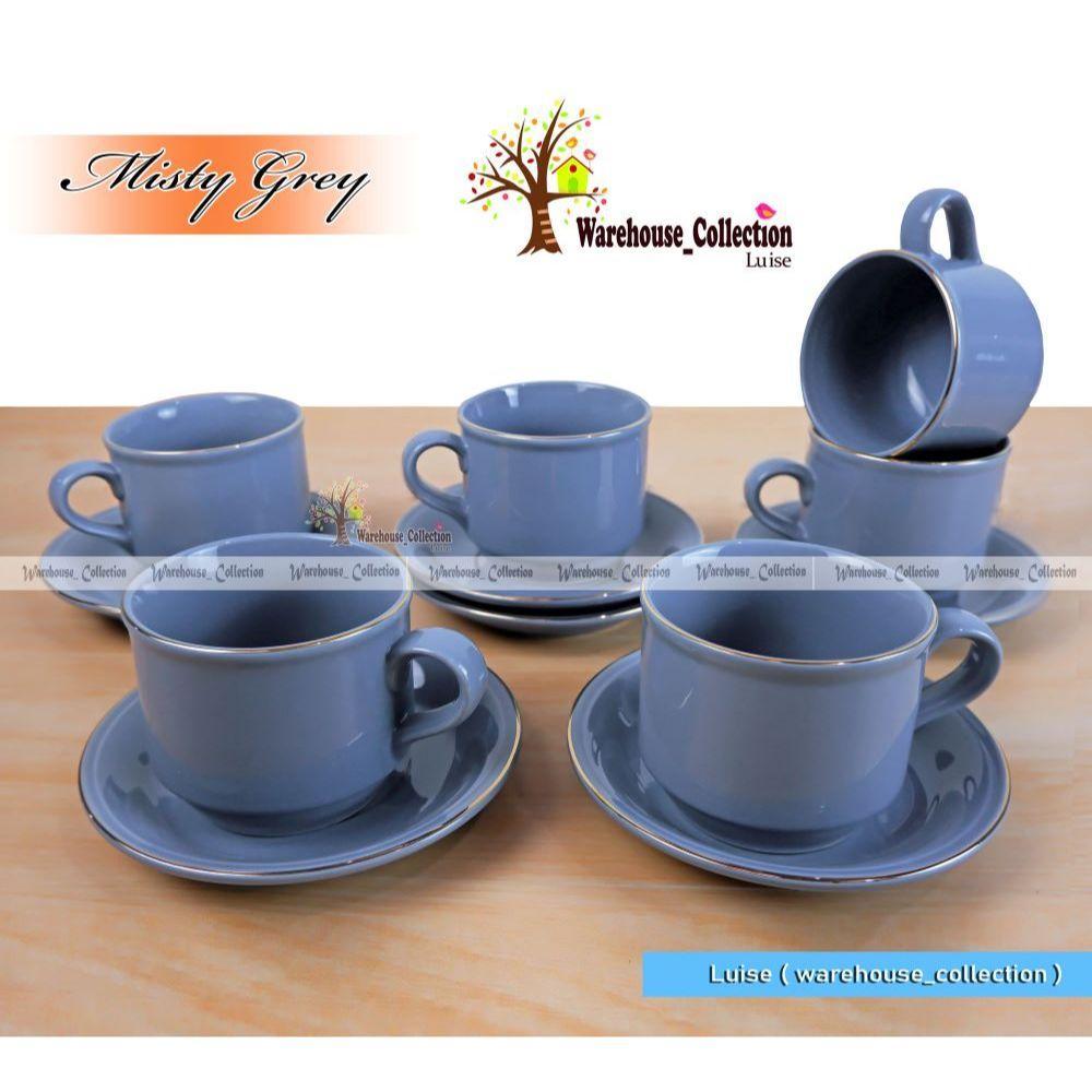 Cangkir Set Warna List Emas ( 6 Cangkir + 6 Tatakan) // Coffee Set Sango Keramik // Sango Cup & Sauc