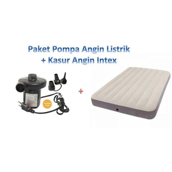 TERMURAH - PAKET Pompa Angin Listrik + Kasur Angin Intex DuraBeam Double 64102