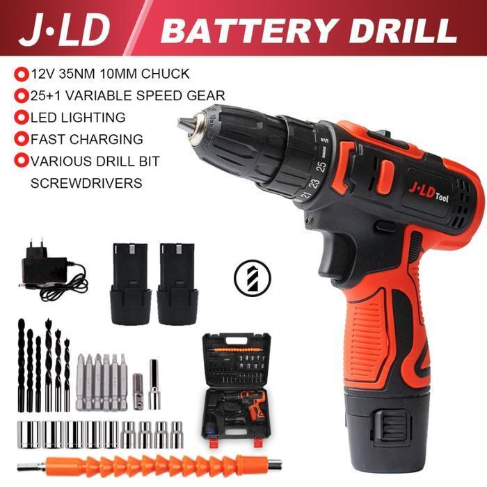 JLD Cordless Drill Mesin Bor JLD 12V Cas 2 Baterai 29pcs Tool Kits Fullset