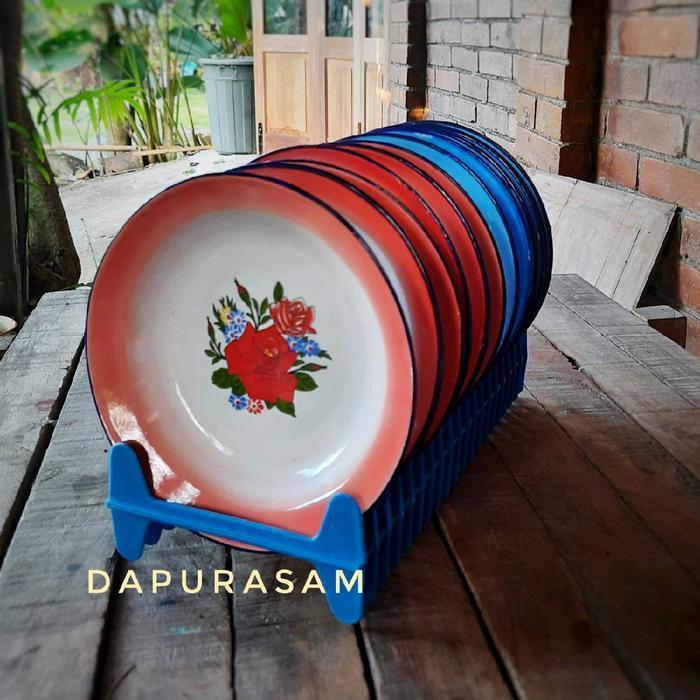 (Lusinan) Piring Makan Enamel 20cm, 22cm Vintage 12pcs Bunga Lurik Hijau Biru Merah Besi
