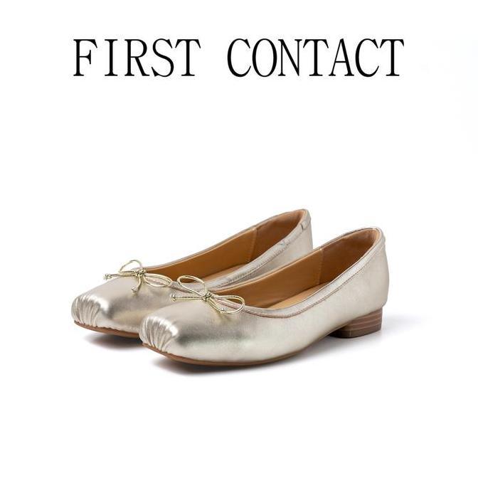 First Contact Flat Shoes Wanita Elegan Solea Gold Ballerina Kulit Premium