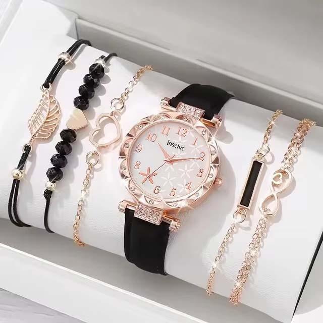 5PcsIns Jam Tangan Kuarsa Wanita Wanita Bunga Kuarsa Jam Tangan Arab Digital Dial Gelang Set Wanita 