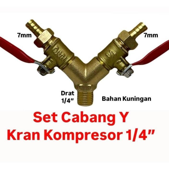 Kran Kompresor Cabang 2 Ukuran 1/4" Kuningan Set Y