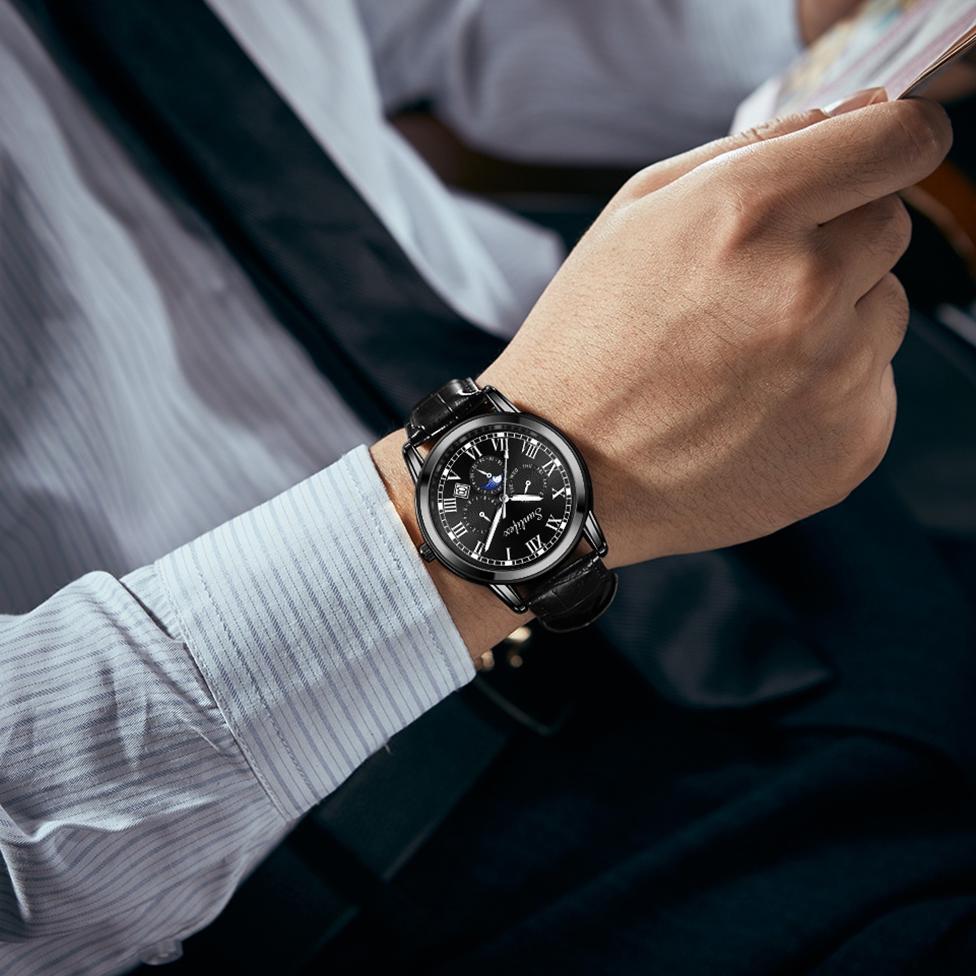 diskon sunlifex jam tangan pria 7003 kalender kuarsa santai bisnis tali kulit jam tangan cowok
