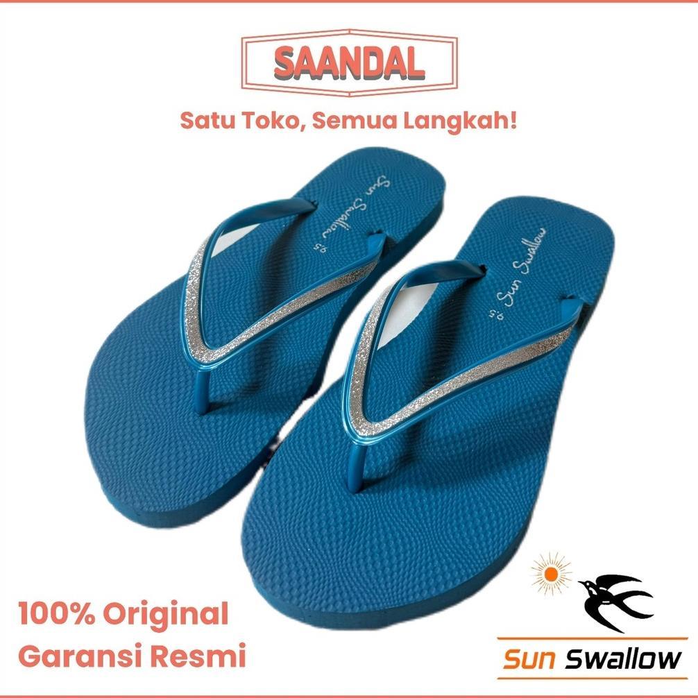 Super Deal Sun Swallow Crystal Sandal Jepit Tali Glitter Wanita Perempuan Pink Tosca Biru Hitam Emas