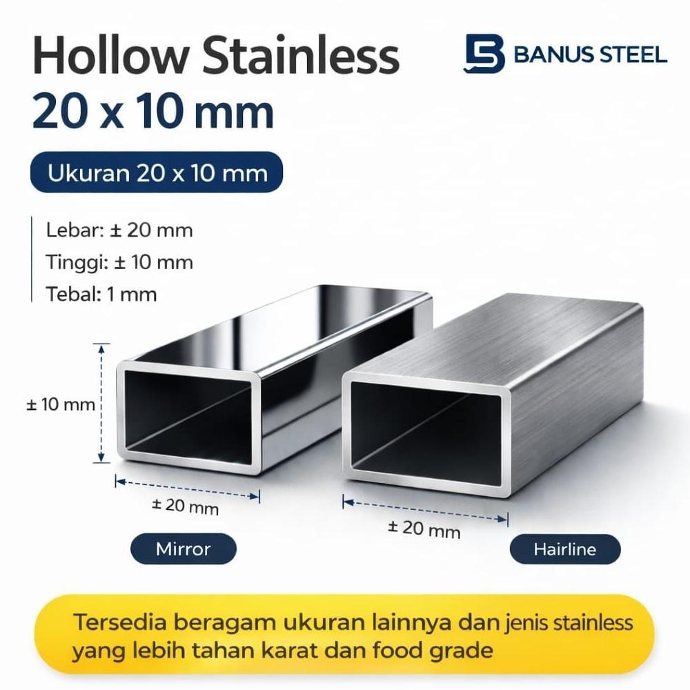 NEW Hollow stainless 10 x 20 x 1 mm panjang 6 meter pipa kotak hollow mirror dan hairline 201 stainl