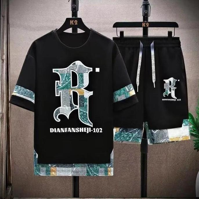 Down- Set. Dianfan - Setelan Lengan Pendek Celana Pendek Babyterry Motif Pria