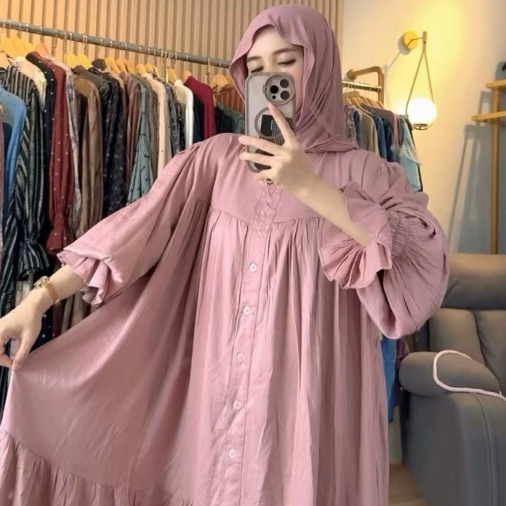 GAMIS MIDI DRESS TWILL LENGAN BALON LD 120 PREMIM JUMBO TERBARU