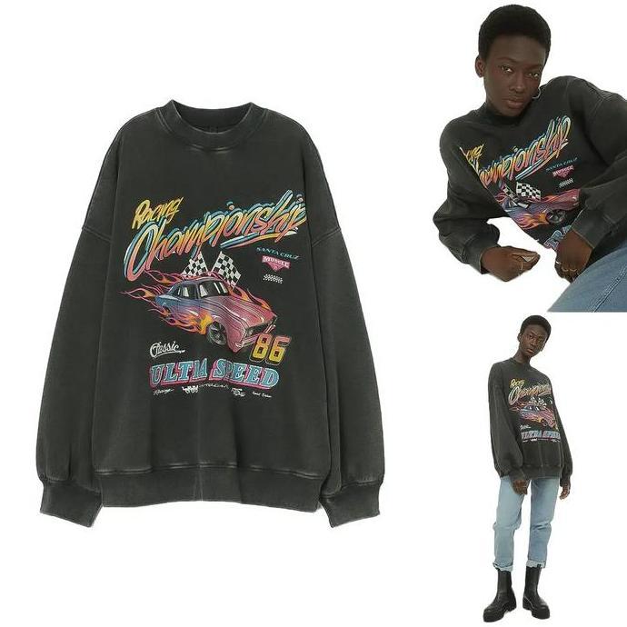 Pilihan - Crewneck Championship Black Wash Dark Grey Sweater Oversize Washed Wanita Flecee Katun Teb