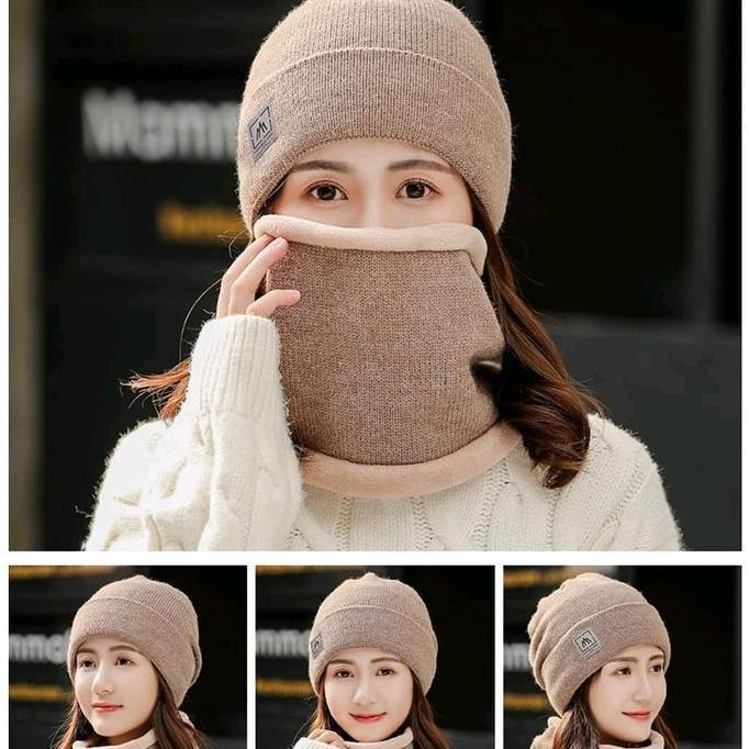 Topi Kupluk Syal Wanita Dewasa Musim Dingin Winter Jalan Naik Gunung Bahan Halus