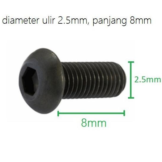 SCREW M2.5X8MM STEEL BOLT HEX M2.5 BAUD BAUT MUR M2.5 PANJANG 8MM M2.5X8 HITAM AS27