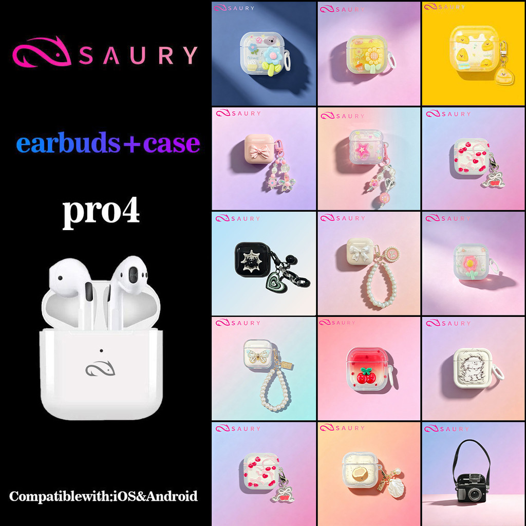 SAURY Pro 4 TWS Wireless Bluetooth Earbuds dengan Mic + Free Case untuk iPhone & Android