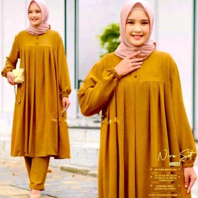 Cuci Gudang Size Jumbo Nira Setcel Long Tunik + Celana Bahan Catoon Premium / Setelan Wanita Terbaru