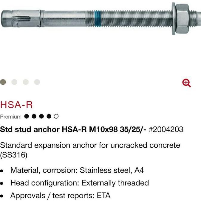Hilti Dynabolt Trubolt Anchor Angkur Hsa-R M10 X 98Mm Stainless 316
