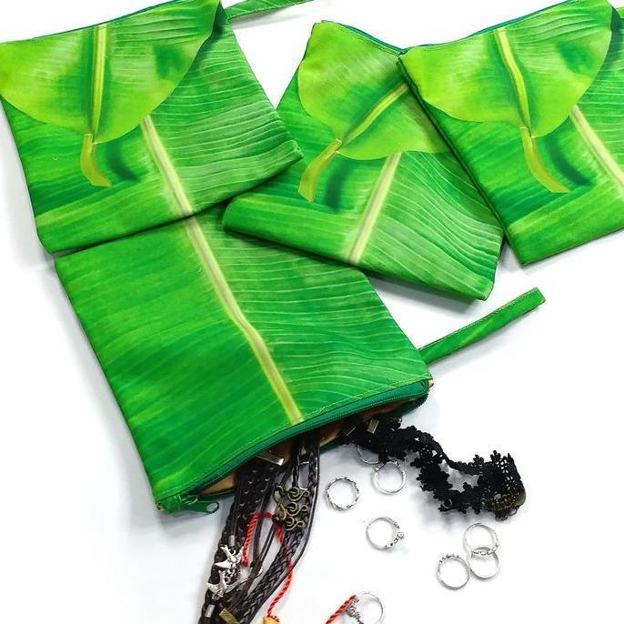 Pouch Persegi Kanvas Kotak Motif Daun Pisang Shrelo Untuk Tempat Pensil Makeup Inner Bag Pouch Kreas