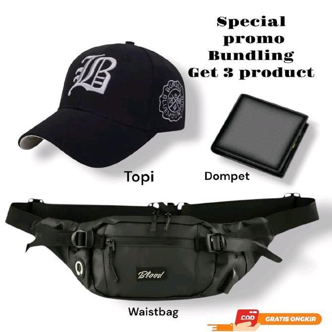 Best Seller Tas Pinggang Waistbag Paket Hemat Gratis Dompet, dan Topi Terlaris Pria wanita Cowok Cew