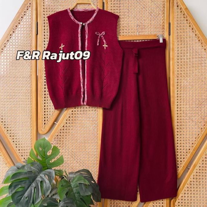 Oneset Moon Vest Rompi Rajut Kancing Motif Pita Lucu Setelan Celana Kulot Premium Wanita Kekinian
