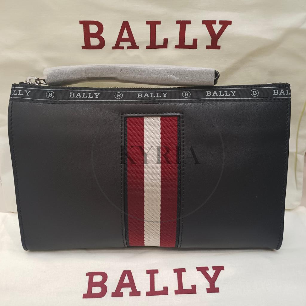 Tas Pria Bally Haig Leather Clutch Bag Full Black Pouch Stripe White